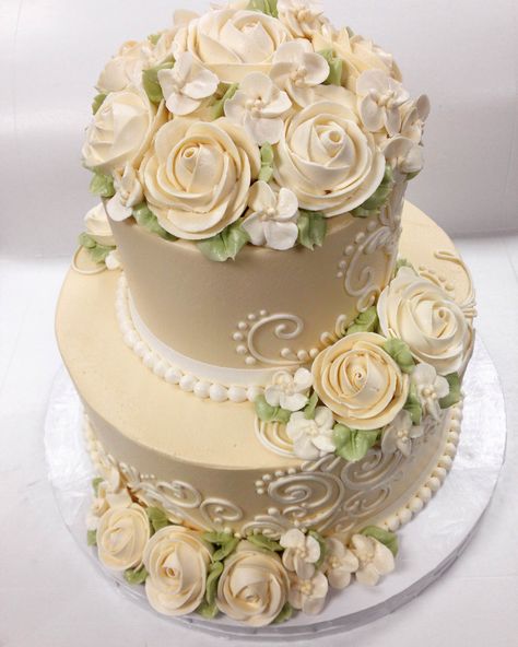 Classic 2 tier Ivory Rose White Flower Cake, White Flower Cake Shoppe, Flower Cake Design, 2 Tier Wedding Cakes, Whiskey Cake, How To Stack Cakes, White Cake Recipe, Online Cake Delivery, Wedding Cake Roses