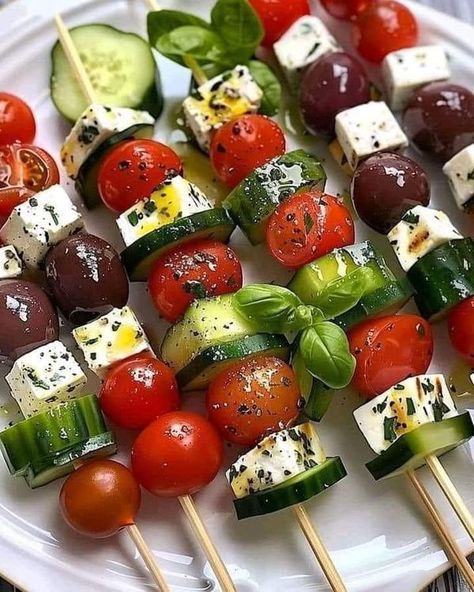 Gf Appetizers, Salad Skewers, Cheese Cubes, Kalamata Olives, Greek Salad, Skewers, Feta Cheese, Cherry Tomatoes, Food Hacks