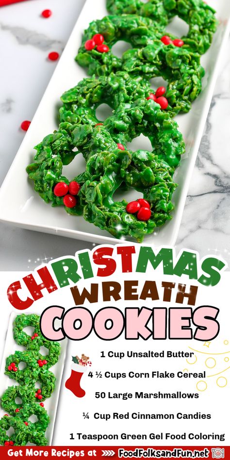 Cornflake Wreaths, Cornflake Cookies Recipe, Christmas Wreath Cookies, Cornflake Cookies, Christmas Baking Cookies, Candy Tray, Soft Gingerbread Cookies, Wreath Cookies, Holiday Cookies Christmas