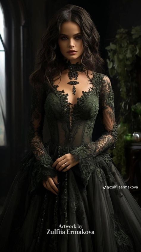 Dark Romantic Wedding, Gothic Wedding Theme, Black Wedding Gowns, Green Wedding Dresses, Dark Wedding, Fantasy Dresses, Dream Wedding Ideas Dresses, Black Artwork, Fairytale Dress