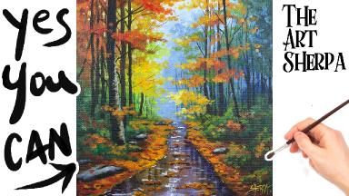 Fall Landscape Painting Tutorial, Fall Landscape Painting, The Art Sherpa, Landscape Painting Tutorial, Colorful Paintings Acrylic, Paint Cards, Beautiful Scenery Nature, Simple Acrylic Paintings, Acrylic Painting Tutorials