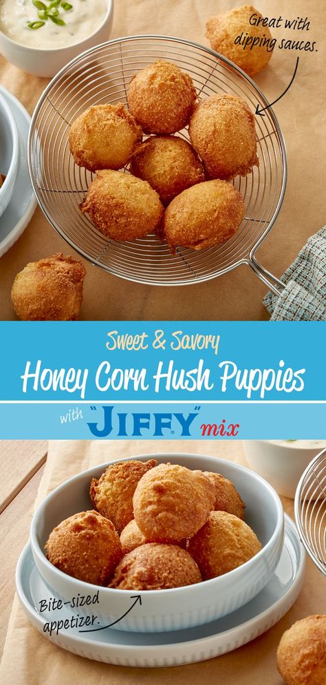 Take your home-cooked fish fry to the next level with deliciously sweet and savory Honey Corn Hush Puppies, made with "JIFFY" Honey Corn Muffin Mix. Corn Hush Puppies Recipe, Hush Puppies Recipe Jiffy, Hush Puppies Recipe With Corn, Corn Hush Puppies, Easy Hush Puppy Recipe, Hush Puppy Recipe, Honey Corn Muffins, Jiffy Mix Recipes, Jiffy Recipes