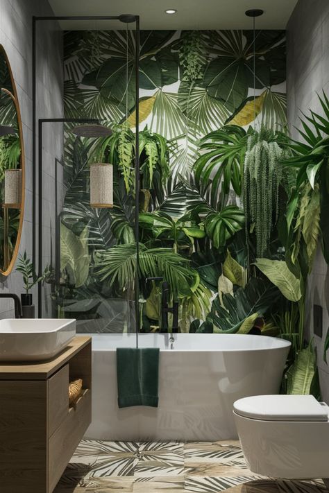 Turn your bathroom into a modern jungle oasis with our top 10 decor ideas. From vibrant plants to contemporary accents, blend tropical vibes with elegant design to elevate your space. #TropicalBathroom #ModernJungleDecor #BathroomInspo #InteriorDesign #NatureInspiredLiving #BathroomMakeover #JungleVibes #HomeDecor #TropicalEscape #BathroomGoals Jungle Bathroom Ideas, Tropical Bathrooms, Salon Bathroom, Jungle Bathroom, Tropical Room, Pool Paradise, Jungle Oasis, Jungle Decor, Tropical Bathroom