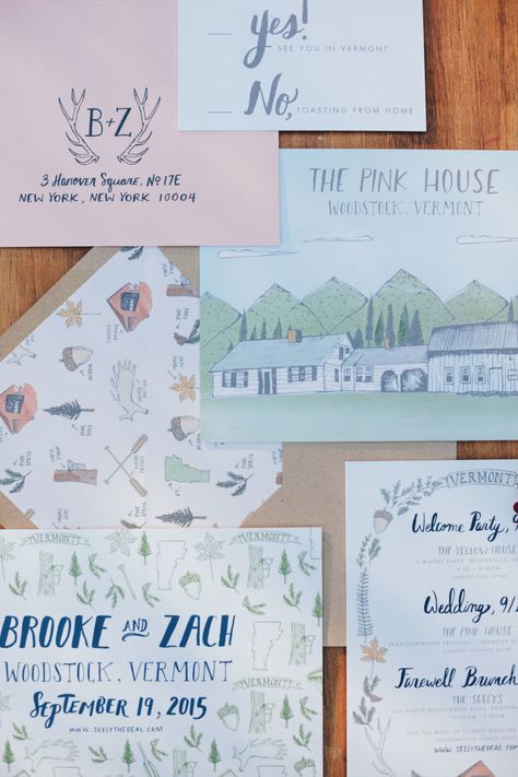 Out of the Woods: This Vermont Wedding Perfectly Brings Country Charm to the Northeast - TownandCountryMag.com Vermont Wedding Invitations, Woodstock Vermont, Inexpensive Wedding Invitations, Illustrated Wedding Invitations, Wedding Planning Timeline, Vermont Wedding, Fun Invitations, Wedding Sparklers, Wedding Plates