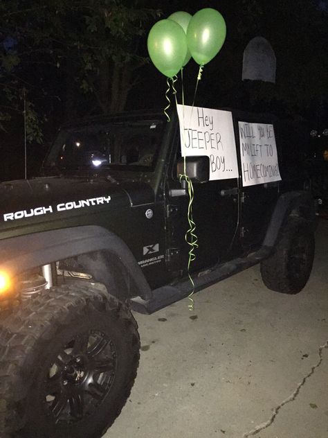 Hey JEEPER boy...will you be my LIFT to homecoming? #jeep #jeepwrangler #jeeper… Car Guy Promposal Ideas, Truck Hoco Proposal, Promposal Ideas For Him Cars, Jeep Hoco Proposal, Jeep Promposal, Track Prom Proposal Ideas, Asking To Homecoming, Girl Ask Guy, Sadies Proposal