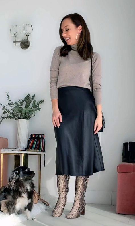 See how to wear a black slip skirt with a turtleneck and boots... 9 more outfit ideas on SydneStyle.com! @sydnesummer #slipskirt #blackskirt #midiskirt #boots #snakeskin #turtleneck Black Satin A Line Skirt Outfit, Slip Skirt Boots, Styling Black Satin Slip Skirt, Silk Slip Skirt Outfit Winter, Slip Skirt Black, Midi Slip Skirt Outfit Fall, Black Skirt Black Sweater Outfit, Navy Slip Skirt Outfit Winter, How To Style A Black Slip Skirt