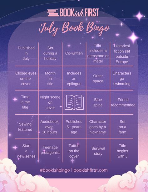 July 2024 Bookish Bingo 🤩 Bookish Bingo, Book Bingo, Bingo Books, Reading Bingo, Reading List Challenge, Books Tbr, List Challenges, Makeup Images, Bingo Board