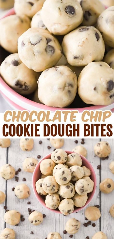 Cookie Dough Bites are delicious no bake treats loaded with mini chocolate chips. Cookie Dough Bites No Bake, Chocolate Chip Cookie Balls, Frozen Cookie Dough Bites, No Bake Cookie Dough Bites, Edible Cookie Dough Bites, Edible Chocolate Chip Cookie Dough, Chocolate Chip Cookie Dough Bites, Easy Cookie Dough, Cake Ball Recipes