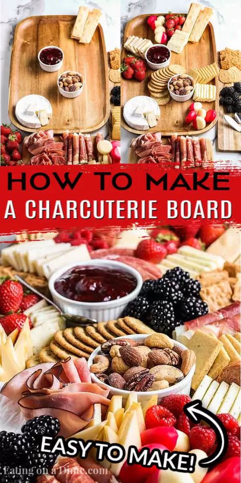 Learn how to make an easy Charcuterie board for your next party and totally impress your guests. You will be pleasantly surprised how simple it is to make. We have simple ideas to build a DIY charcuterie board everyone will love even the kids. These ideas are perfect for brunch, Christmas, 4th of July and more. #eatingonadime #howtomakeaCharcuterieboard Build Your Own Charcuterie Board, How To Make Charcuterie Board Ideas, Charcuterie Must Haves, Easy Chartucerie Board, Charcuterie Board Must Haves, Chartucerie Board Ideas, How To Build Charcuterie Board, Chauterie Tray Ideas, Thanksgiving Charcuterie Board Ideas How To Build