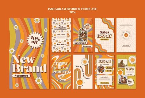 Retro Brochure Design, Groovy Instagram Feed, Canva Retro Template, 70s Inspired Website Design, Retro Story Instagram, 70s Instagram Feed, Retro Infographic Design, Retro Aesthetic Design, 70s Website Design