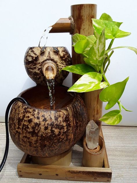 Bamboo Indoor, Bamboo Water Fountain, Mini Fountain, Bamboo Fountain, Water Fountain Pumps, Coconut Shell Crafts, House Warming Ceremony, Indoor Greenery, Tabletop Fountain