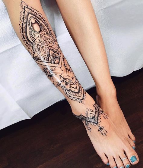 The Best Ornamental Tattoos Of All Time - TheTatt Ornamental Tattoo Leg, Ornamental Tattoos, Half Sleeve Tattoos Forearm, Mandala Hand Tattoos, Shin Tattoo, Full Leg Tattoos, Armband Tattoos, Tattoo Leg, Beautiful Tattoos For Women