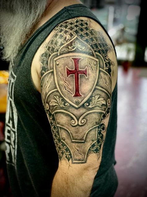 Crusader tattoos have been growing in popularity as unique ways of expressing their personal identities, beliefs, and stories. These intricate designs, ... Christian Crusader Tattoo, Dragon Knight Tattoo, Crusades Tattoo, Crusader Cross Tattoo, Crusader Tattoo Sleeve, Celtic Compass Tattoo, Cross Shoulder Tattoo, Biblical Tattoos Sleeve, Crusader Knight Tattoo