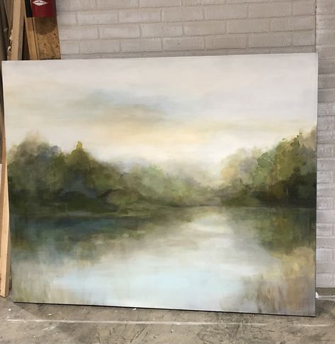 Oversized Landscape Wall Art, Lake With Trees Painting, Coastal Landscape Paintings, Muted Landscape Painting, Large Yard Landscaping Ideas, Diy Landscape Painting, Calming Paintings, Nature Abstract Painting, Oil Painting Landscapes