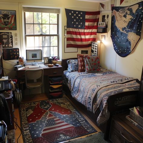 college dorm ideas for guys vintage americana Boy Dorm Room Ideas, College Dorm Ideas, Dorm Room Comforters, Dorm Room Ideas For Guys, Vintage Dorm, Room Decor Men, Guy Dorm, Futuristic Decor, Boys Dorm Room