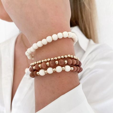 delicate | the sienna | cream | rosewood stack | Reef rain aria Trending Stretch Bracelets, Bracelet Pictures Ideas, Fall Beaded Bracelets, Wood Beads Jewelry, Beach Studio, Stacked Beaded Bracelets, Melbourne Beach, Wood Bead Bracelet, Diy Bracelet Designs