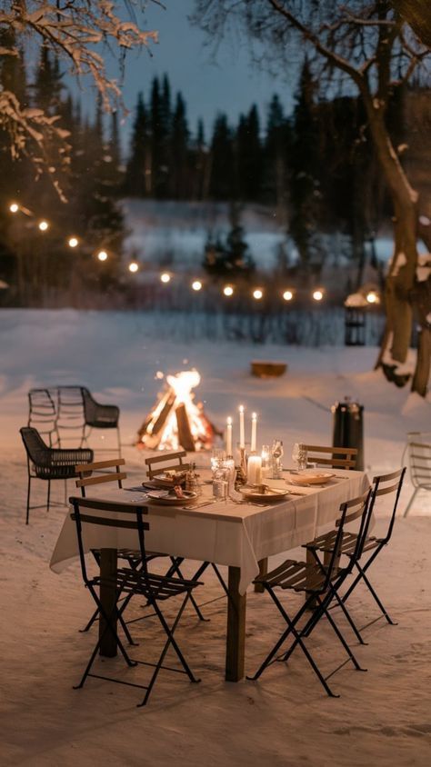 Outside Winter Party, Winter Backyard, Dinner Setup, Winter Gathering, Winter Dinner Party, Winter Picnic, Outdoor Decoration Ideas, Outdoor Christmas Decoration Ideas, Christmas Decoration Ideas