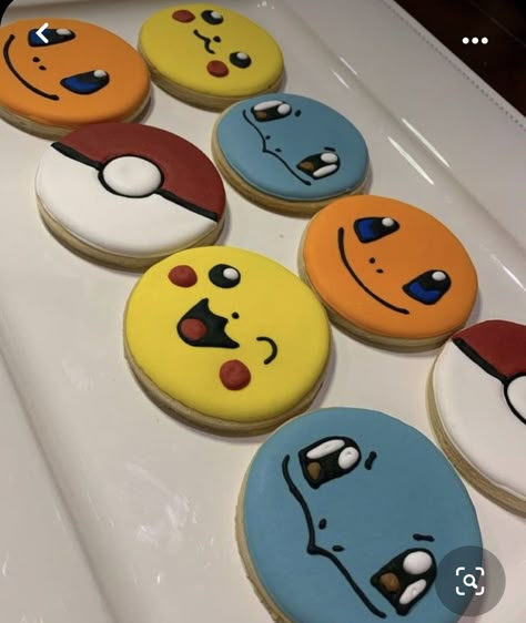 Poke Ball Cookies, Pokemon Party Cake, Pokemon Cakesicles, Pokemon Dessert Ideas, Pokemon Cookies Royal Icing, Pokémon Party Decor, Pokemon Birthday Cookies, Pokémon Sugar Cookies, Pokemon Party Ideas Decoration