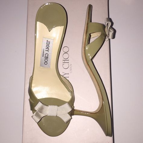 Jimmy Choo New Patent Leather Kitten Heel Sandal With Bow New Comes With Box And Dust Bag. Green Color Called Thyme Patent Leather Uppers With Fabric Bow Daria. 3 Size: (38) Made In Italy Jimmy Choo Kitten Heels, Green Orchid, Kitten Heel Sandals, Bag Green, Fabric Bows, Heel Sandal, Jimmy Choo Shoes, Pretty Shoes, Kitten Heel