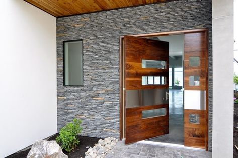 Entrance Tiles Design, Wall Tiles Exterior Front Doors, Wall Tiles Exterior, Entrance Tiles, Stone Elevation, Stone Cladding Exterior, Wide Front Doors, Contemporary Penthouse, Cladding Exterior