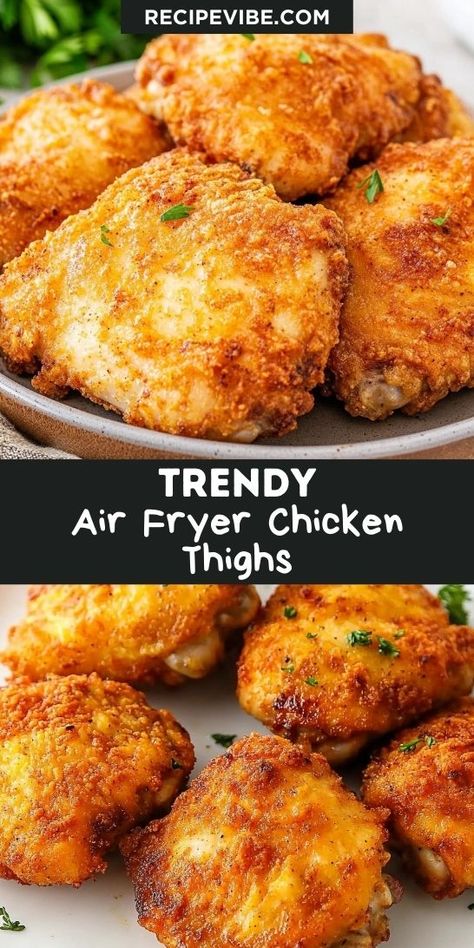 Eager to savor perfectly cooked chicken thighs in a fraction of the time? The Air Fryer Chicken Thighs Recipe is here to transform your weeknight dinners! With its simple preparation and amazing flavor, you'll want to keep this recipe handy. Don’t forget to pin it for later! Roasted Chicken Air Fryer, None In Chicken Thigh Recipes, Fried Chicken Thighs Air Fryer, Air Fry Chicken Legs Bone In, Fast Chicken Thigh Recipes, Crispy Air Fryer Chicken Thighs, Chicken Thigh Easy Recipes, Air Fryer Bone In Chicken Thighs, Breaded Chicken Thighs Air Fryer