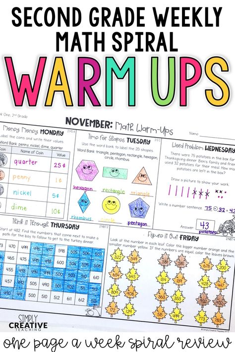 These spiral math review and math warm ups for 2nd grade are essential for the second grade classroom. Each day, students will complete a small set of problems that work on number sense, place values, equations, and more. They are perfect for test prep, and teachers love that they are only one page a week. You can use these as worksheets, homework, or morning work. They are a fun, quick way to review Common Core math skills and standards! Daily Math Review 2nd Grade, Morning Work Ideas 2nd Grade, Reveal Math Grade 2, Teaching 2nd Grade Math, Bridges Math Curriculum 2nd Grade, Number Of The Day Second Grade, 2nd Grade Goals, Math Centres, Math Rti