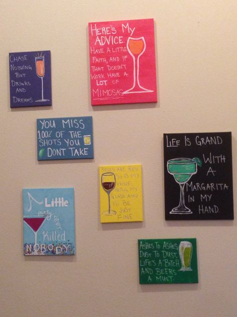 Finally putting something on the wall!! Alcohol Painting Ideas College, Alcoholic Painting, College Girl Apartment, Alcohol Painting, Funny Alcohol, Girl Apartment, Shots Alcohol, Alcohol Humor, Simple Canvas Paintings