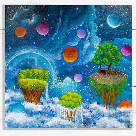 Planets Painting, Canvas Painting Tutorial, Planet Painting, Floating Islands, Imaginary World, Floating Island, Canvas Painting Tutorials, World Art, End Of The World