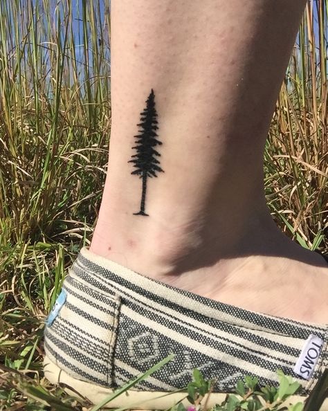 Small ankle tattoo of an evergreen tree (Western hemlock) More Western Hemlock Tattoo, Outer Ankle Tattoo, Hemlock Tattoo, Small Ankle Tattoo, Western Hemlock, Tree Tattoo Men, Ankle Tattoos, Owl Tattoo Design, Stick And Poke