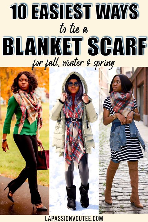 HOW TO TIE A BLANKET SCARF | 10 EASIEST Ways to Wear a Blanket Scarf in 2020 [under 10 minutes]. Can't figure out how to wear a plaid blanket scarf? Watch this video to discover 10 simple ways to style your blanket scarf in several different ways for fall, winter, and spring you'll love. #howtotie #oversizedscarf Blanket Scarf Outfit, How To Wear A Blanket Scarf, Black Fashion Bloggers, Alaska Fashion, Plaid Blanket Scarf, How To Wear A Scarf, Blanket Scarf, Street Style Summer, Black Women Fashion