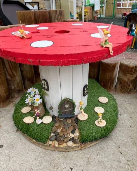 Fairy toadstool cable reel Cable Reel Ideas For Kids, Wooden Cable Reel, Fairy Toadstool, Diy Farm Table, Fairy Mushroom, Furniture Remodeling, Cable Reel, Tree House Kids, Wooden Spools