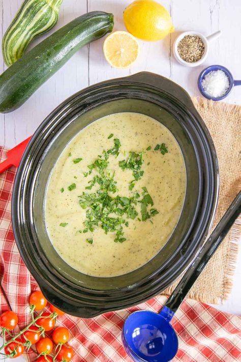 Slow Cooker Courgette Soup (Zucchini Soup) - Fuss Free Flavours Crock Pot Zucchini Soup, Zucchini Soup Recipes Slow Cooker, Zucchini Crockpot Soup, Slow Cooker Zucchini Soup, Zucchini Soup Recipes Creamy, Zucchini Crockpot Recipes, Slow Cooker Zucchini, Soup Zucchini, Courgette Soup