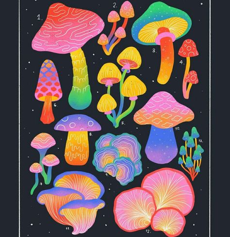 Rainbow Mushroom Painting, Mushroom Posca Art, Neon Mushroom Art, Colorful Mushroom Drawing, Funky Mushroom Art, Posca Mushroom, Mycelium Illustration, Shroom Illustration, Mushroom Illustration Cute