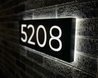 Solar Powered Backlit LED House Number Plague | Modern Backlit Metal Horizontal Vertical Custom Lighted Address plague for House