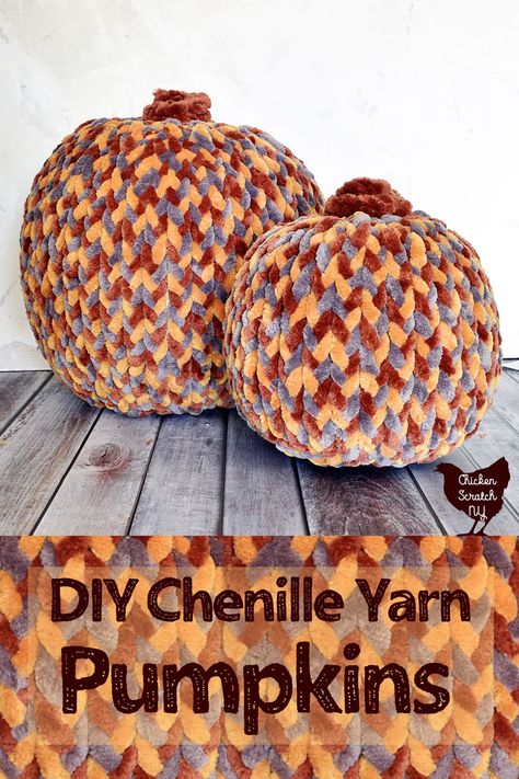 Chunky Chenille Yarn Projects, Chunky Yarn Pumpkins Diy, Chunky Yarn Crafts, Chenille Yarn Projects, Braided Pumpkin, Knit Halloween, Pumpkins Crafts, Yarn Pumpkins, Braided Yarn