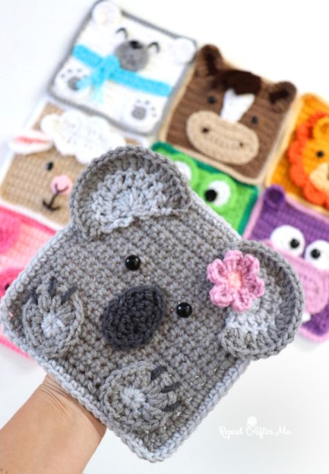 Koala Crochet Square - Repeat Crafter Me Elephant Granny Square Pattern, Koala Granny Square, Crochet Animal Squares Patterns, Horse Granny Square, Unique Crochet Projects Free, Crochet Animal Squares, Animal Granny Squares Free Pattern, Crochet Square Free Pattern, Cute Granny Squares