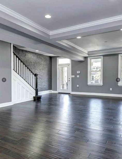 Grey Black And White Living Room Gray Walls Paint Colors, Gray Tone Flooring, Modern Color Walls, Grey Color For Living Room, Dark Charcoal Flooring, Greyish Floor Living Room, Small Kitchen Ideas With Dark Floors, House With Gray Walls, Grey Paint In Living Room