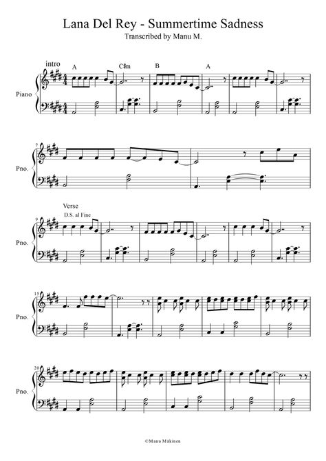 Lana Del Rey: Summertime Sadness piano sheet #1 Lana Del Rey Piano Notes, Summertime Lana Del Rey, Lana Del Rey Piano, Oboe Music, Popular Piano Sheet Music, Piano Songs Sheet Music, Music Theory Piano, Sheet Music With Letters, Piano Sheet Music Letters