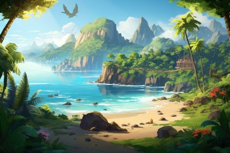 Digital painting of a tropical beach with rocks, palm trees and coconut trees, Beautiful tropical island landscape view on a sunny day, AI Generated Tropical Island Landscape, Beach With Rocks, Island Landscape, Trees Beautiful, Coconut Trees, Landscape View, Coconut Tree, Tropical Island, Tropical Islands