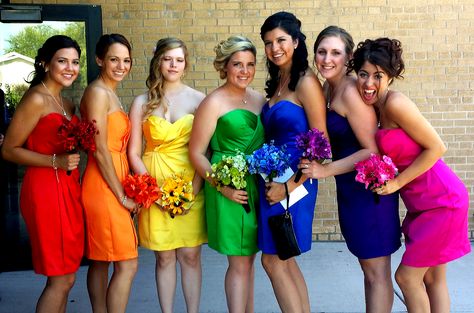 Rainbow bridesmaids. i would have an actual purple and no pink Colorful Party Dress, Rainbow Wedding Ideas, Rainbow Bridesmaid Dresses, Rainbow Bridesmaids, Rainbow Wedding Theme, Rainbow Wedding Dress, Multicolor Wedding, Bridesmaids Gowns, Colour Wedding