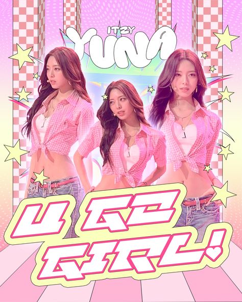 Itzy Graphic Design, Kpop Posters Itzy, Yuna U Go Girl, Retro Poster Kpop, Pink Kpop Poster, Barbie Graphic Design, Kpop Poster Design, Kpop Posters Aesthetic, Kpop Graphic Design Posters