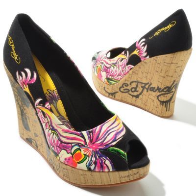 Ed Hardy "Casablanca" Canvas Peep Toe Cork Wedge Platform Wedge Sandals Outfit Y2k, Wedge Sandals Y2k, Ed Hardy Siberia Hills, Ed Hardy Wedges, Vintage Wooden Wedge Heels, Ed Hardy, Stunning Shoes, 2000s Fashion Outfits, Indie Fashion