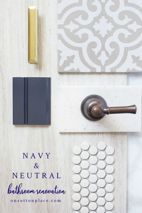 Blue Vanity Bathroom Farmhouse, Tile Ideas For A Small Bathroom, Bathroom Hardware Layout, Master Bath With Navy Vanity, Navy Tile Bathroom Ideas, Navy Blue Bathroom With Gold Accents, Gold And Blue Bathroom Ideas, Navy And White Master Bath, Navy And Gold Master Bath