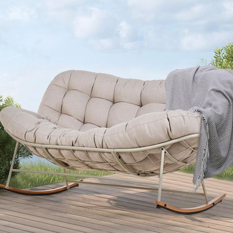 PRICES MAY VARY. OVERSIZED SEAT: This outdoor rocking chair has an extra large loveseat that allows 2 persons to enjoy an intimate and happy time together without feeling cramped. Size: 59" (W) x 43" (D) x 31" (H). Max Capacity: 660 LBS. EGG-SHAPED STRUCTURE: This patio rocking chair has a comfy egg-shaped frame with a soft and thick padded cushion that can wrap you comfortably. 30° smooth gentle rocking brings comfort and relaxation while ensuring adequate safety. BUILT TO LAST: The oversized P Patio Rocking Chair, Outdoor Oversized Chair, Most Comfortable Outdoor Furniture, Oversized Rocking Chair, Cozy Outdoor Chair, Comfy Patio Furniture, Cozy Backyard Ideas, Porch Couch, Rocking Loveseat