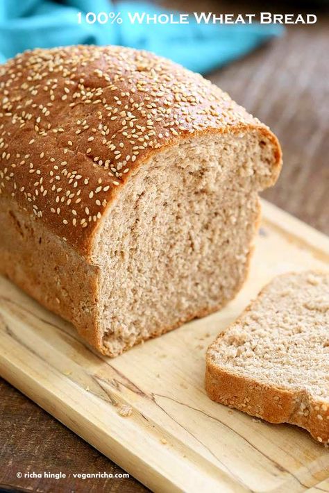 Vegan Whole Wheat Bread Recipe, Whole Wheat Bread Recipe, 100 Whole Wheat Bread, Bread Buns, Wheat Bread Recipe, Pizza Roll, Vegan Richa, Bread Easy, Loaf Of Bread