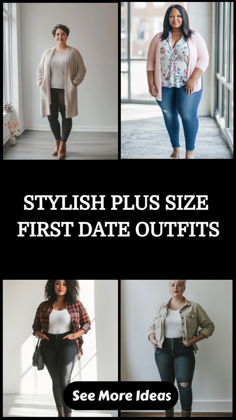 Four women modeling stylish plus-size outfits for a first date, each in a different setting. Size 16 Women Outfits Casual, Plus Size Dinner Outfit, Casual First Date Outfit, Size 16 Women Outfits, Plus Size Date Night Outfits, First Date Outfit Ideas, Plus Size Date Night, First Date Outfit, Casual Plus Size Outfits