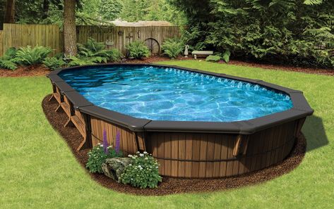 Aqua-Wood | Oval semi-inground wood pool Inground Pool Pricing, Pool Ideas Above Ground, Diy Above Ground Pool, Oval Pool, Pool Deck Plans, Pool Ideas On A Budget, Semi Inground Pools, Best Above Ground Pool, Outside Pool