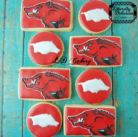 Razorback cookies Arkansas Razorbacks, Grad Parties, Sugar Cookies Decorated, Sugar Cookies, Cookie Decorating, Sugar Cookie, Birthday