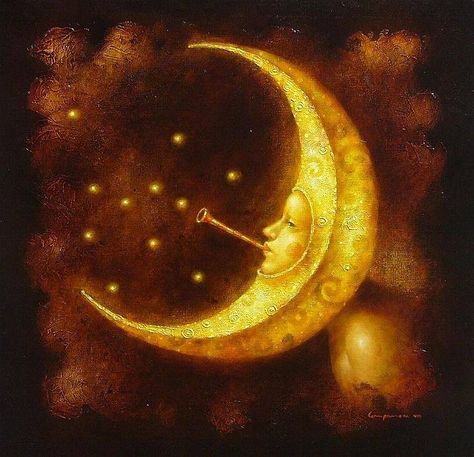 Ronald Companoca/Fantasy Art... Moon Madness, Sitting On The Moon, Stars In The Sky, Luna Moon, Moon Shadow, Paper Moon, Moon Pictures, Moon Illustration, Sun Moon Stars