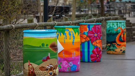 Painted rain barrels being auctioned off at Cincinnati Zoo Painted Rain Barrels, Rain Water Barrel, Painted Trash Cans, Horse Barn Designs, Rain Barrels, Water Barrel, Cincinnati Zoo, Drought Tolerant Landscape, Wedding Backdrop Design